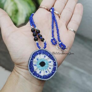 Hand Embroidered Evil Eye Beaded Choker Necklace, 15"